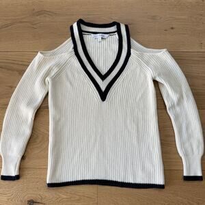 INTERMIX Drea Varsity Cold Open Shoulder Knit Cream/White Striped Sweater